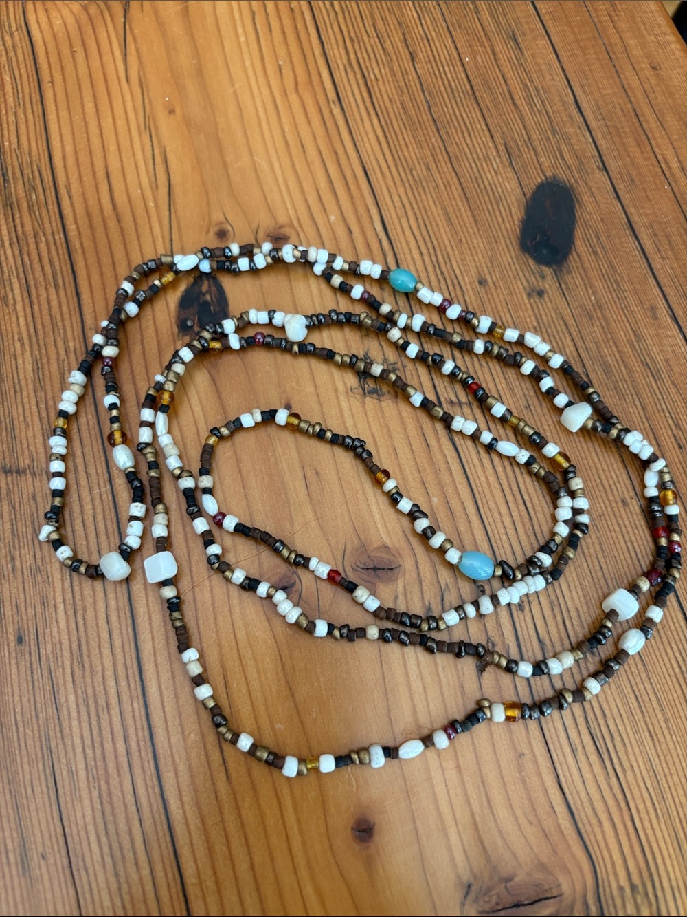 Boho Multicolor Beaded Long Necklace — White, Brown & Turquoise Accents